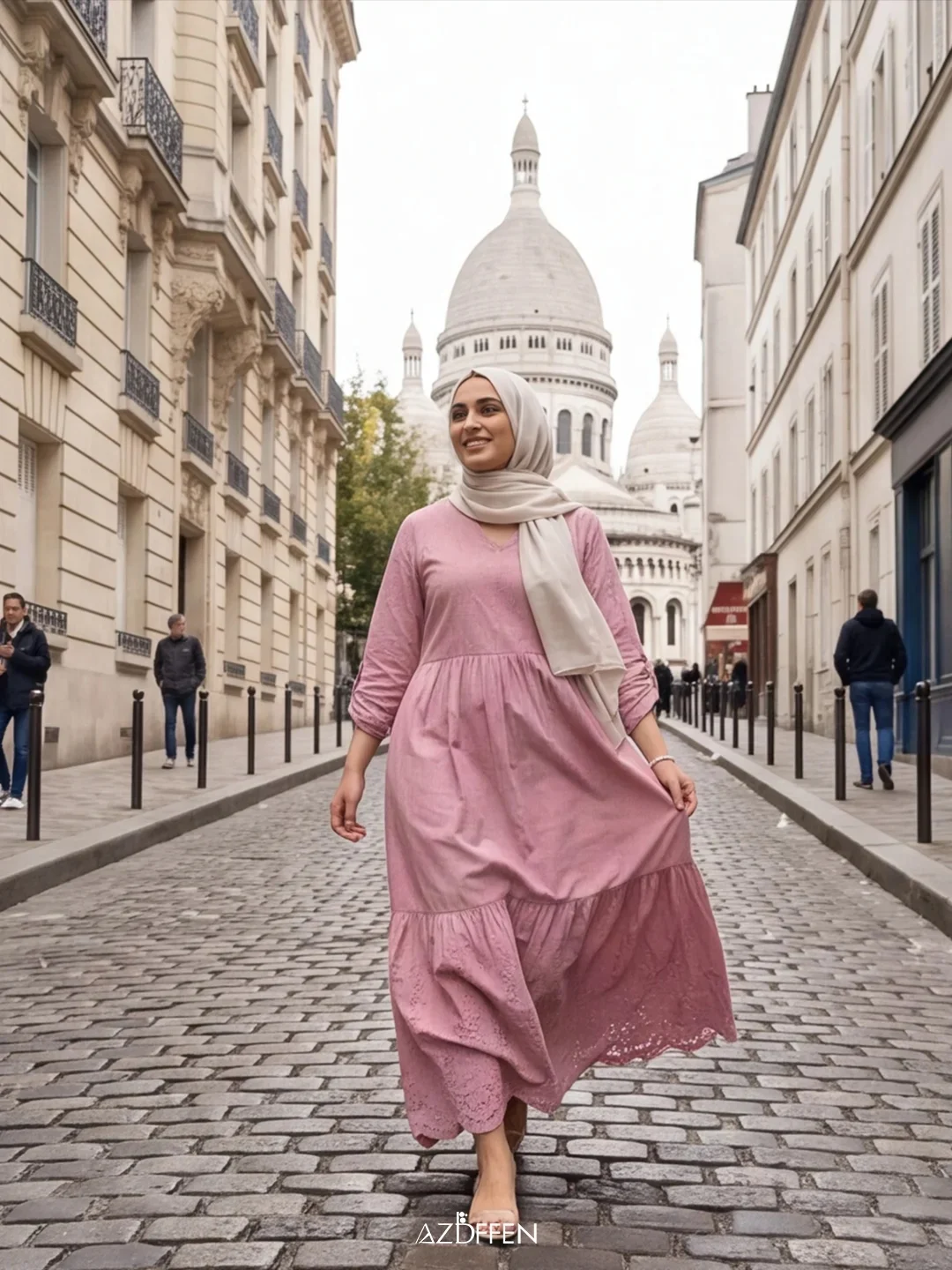 Modèle en robe rose à Montmartre