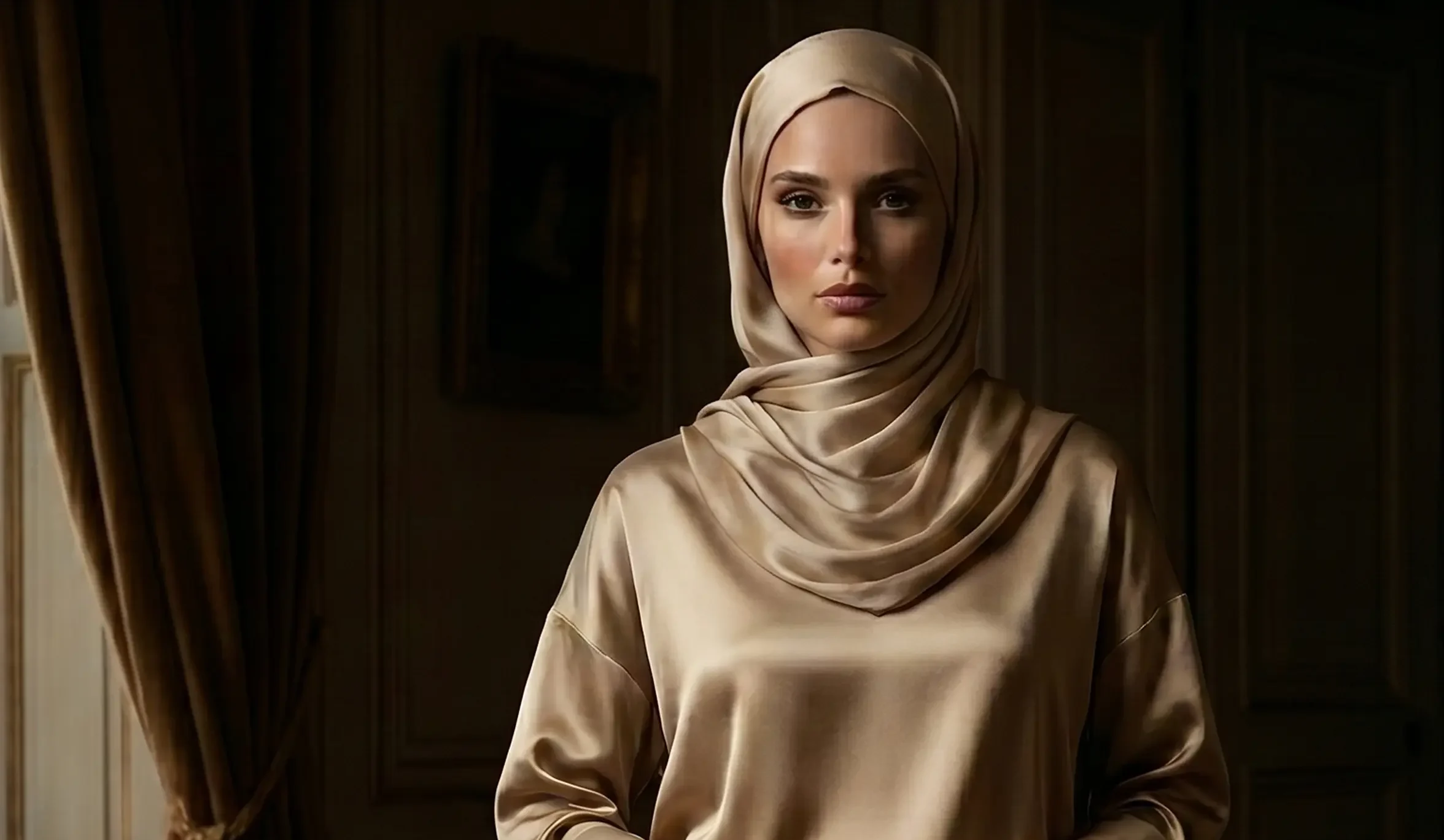 Ensemble satiné champagne et hijab